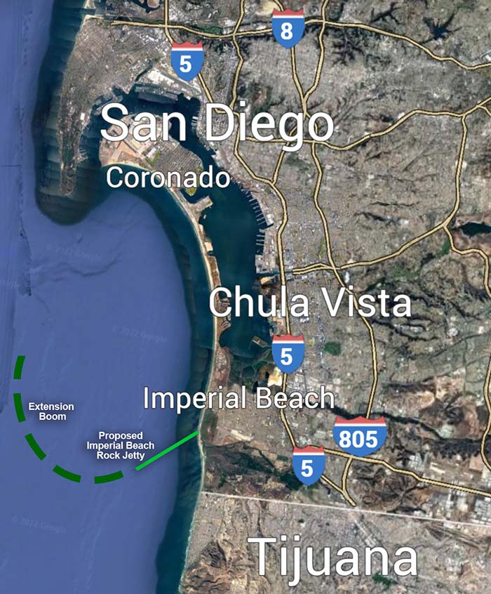 Option B
Imperial Beach 1.5 mile rock jetty with 3.5 mile extension rubber boom and skirt to block Tijuana sewage