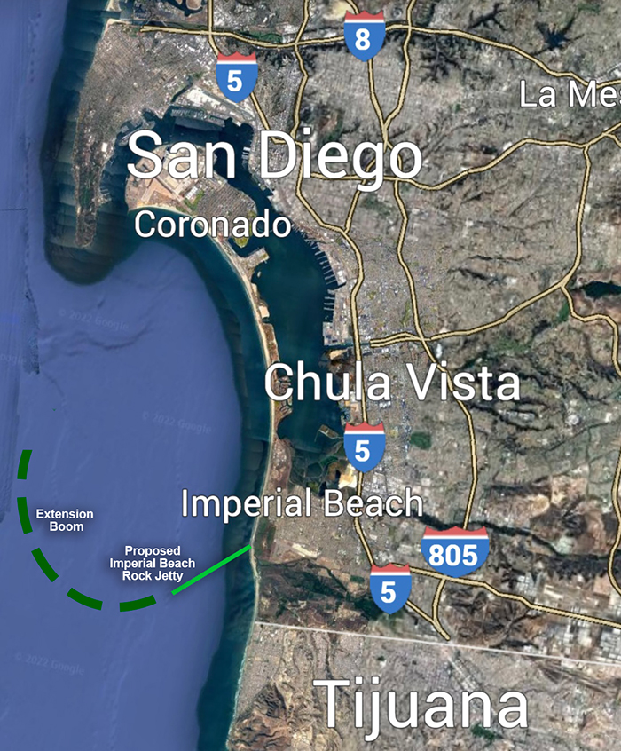 Option B
Imperial Beach 1.5 mile rock jetty with 3.5 mile extension rubber boom and skirt to block Tijuana sewage